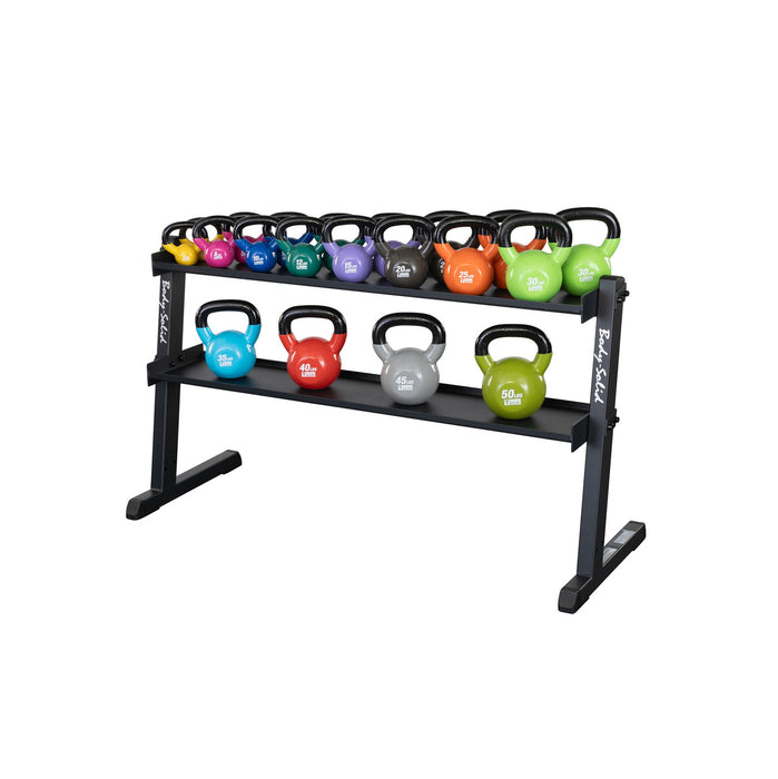 A rack with the kettlebells placed of different colors on it.