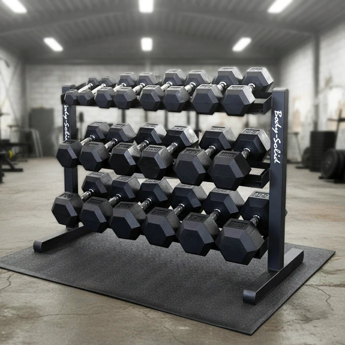 5-50 lb. Rubber Coated Dumbbell Package w/ 3-Tier Storage Rack