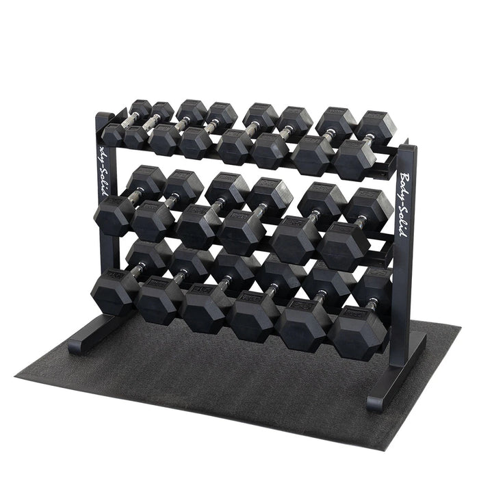 5-50 lb. Rubber Coated Dumbbell Package w/ 3-Tier Storage Rack