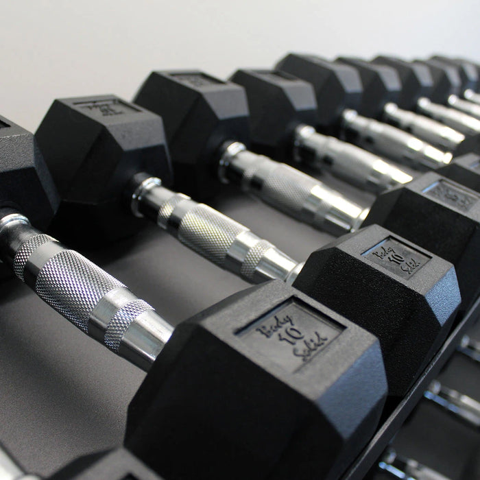 5-50 lb. Rubber Coated Dumbbell Package w/ 3-Tier Storage Rack