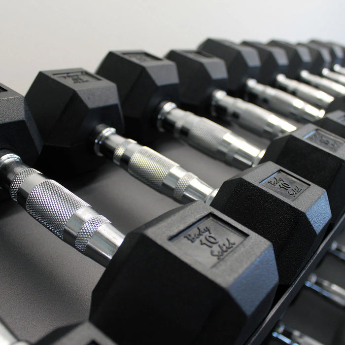 5-50 lb. Rubber Coated Dumbbell Package w/ 2-Tier Storage Rack