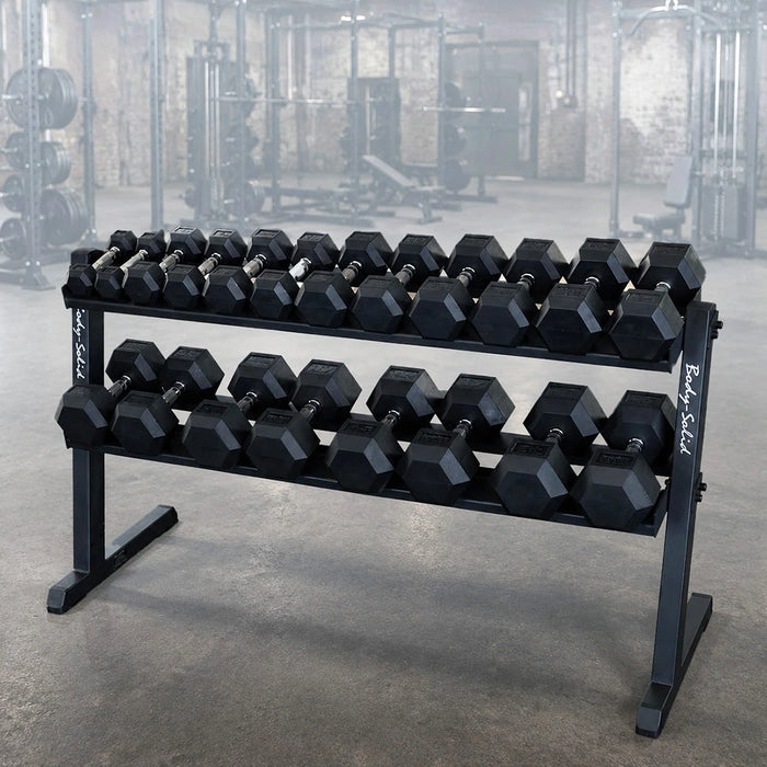 5-50 lb. Rubber Coated Dumbbell Package w/ 2-Tier Storage Rack