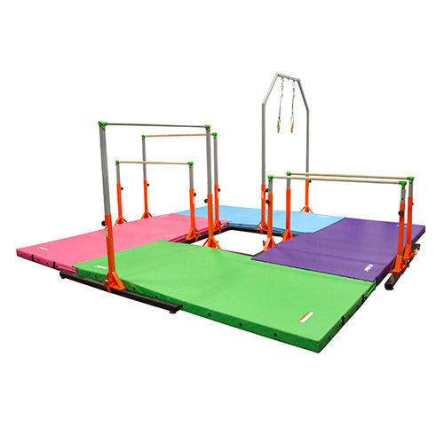 ELITE™ KIDS GYM Four-Station Circuit with Uneven Bars, Rings, Parallel Bars, High Bar (laminate), and Mats